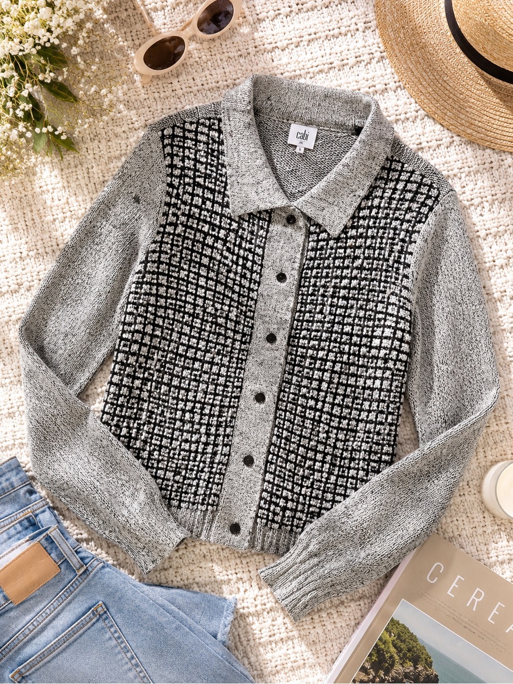 Cabi 3006 Gray Square Stich Window Pane Mock Neck Snap Cardigan Sweater Size S